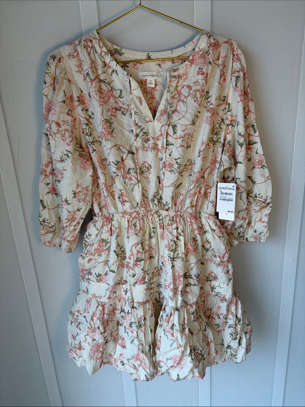 Nordstrom Women's Cream Floral Dress with Pink & Green Print